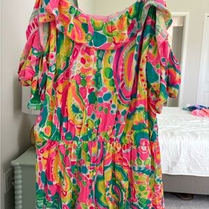 Lilly Pulitzer Vibrant Pink and Green Patterned romper worn once